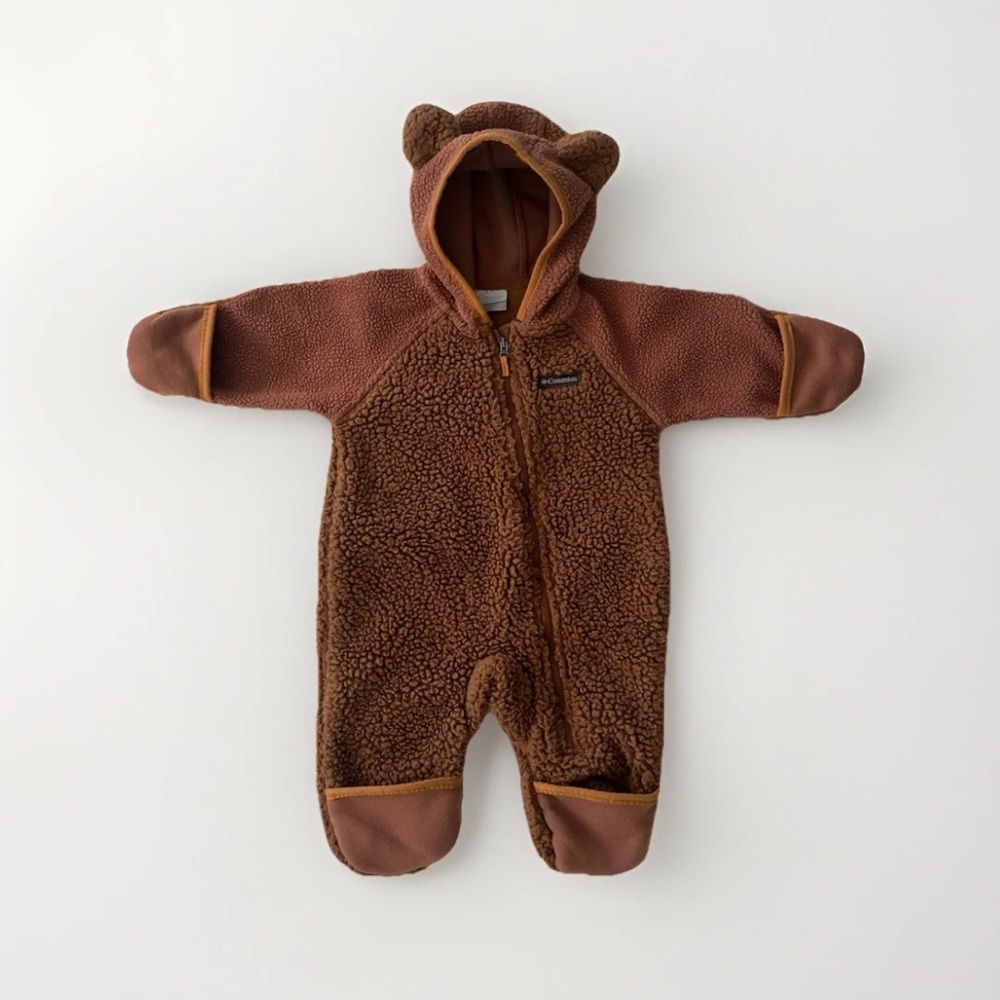 Columbia Brown Fleece One Piece Full Zip Bear Hood Warm Suit Size 3-6 Months